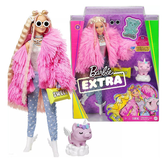 Lalka dla dziewczynek Barbie Extra Moda Różowa puchata kurtka